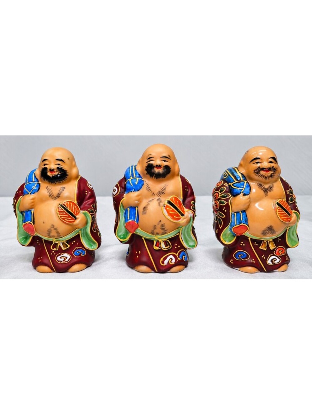 Vintage Kutani Japan Hotei Laughing Buddha Figurines Set of 3 Moriage 3.5"